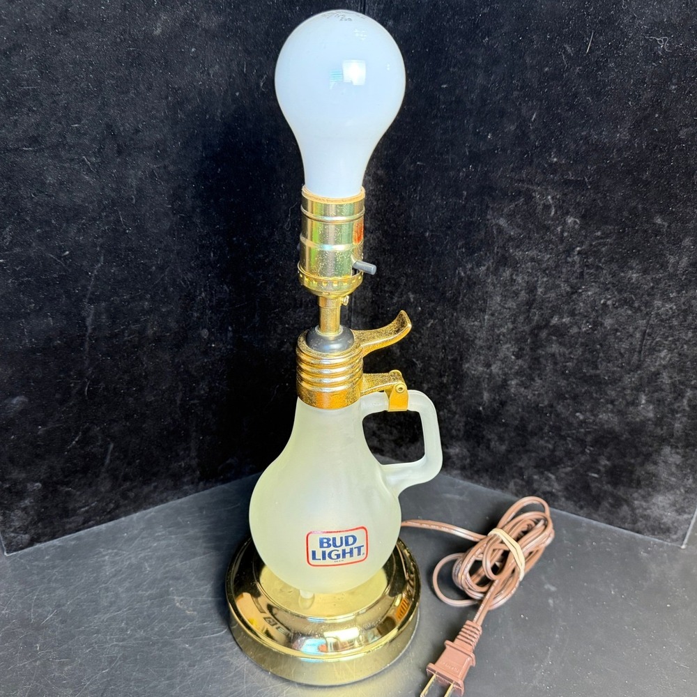 Vintage Bud Light Beer Frosted Glass Pitcher Table Lamp-Gold Base, WORKS